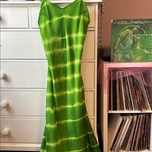 90’s Vintage Y2K Tie Dye Slip Maxi Dress Bias Asymmetrical Green M Sundress Long